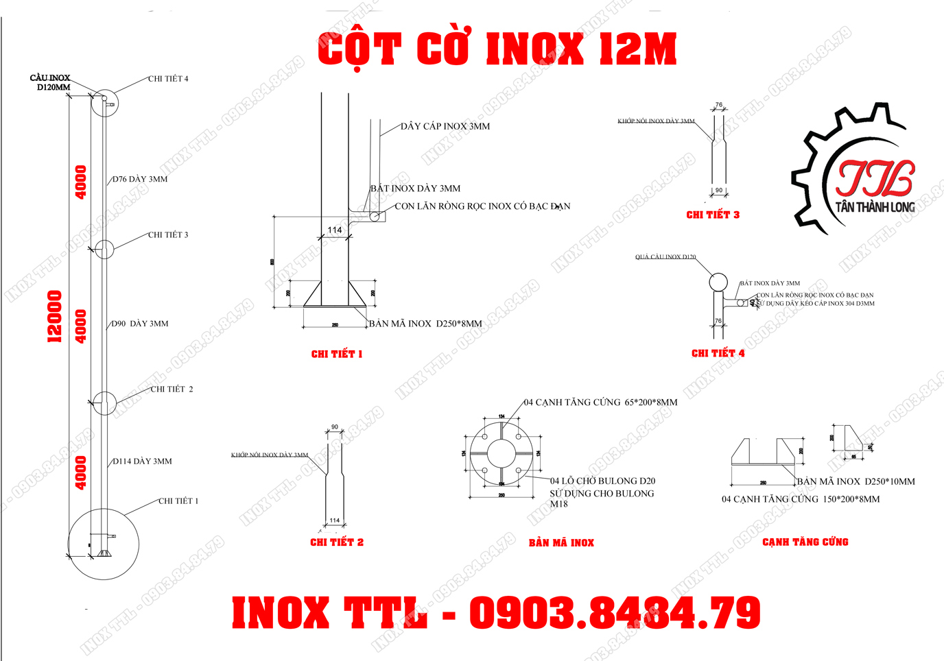 Bản Vẽ Cột Cờ Inox 12M - Inox TTL