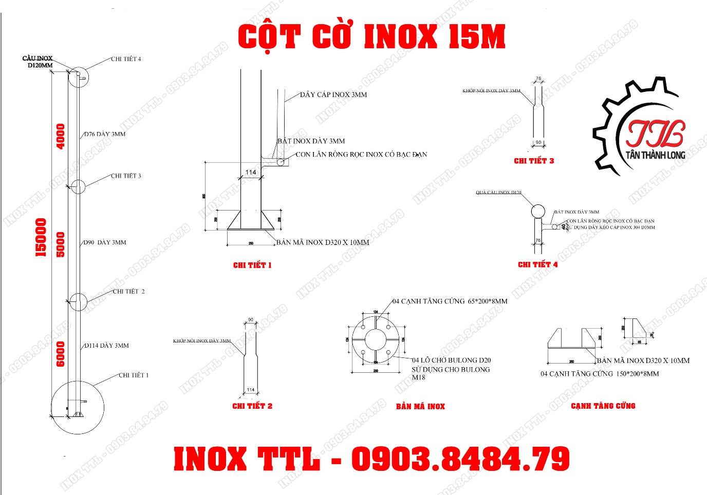 BẢN VẼ CỘT CỜ INOX 15M