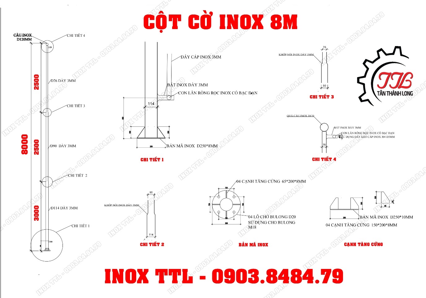 Cột Cờ Inox 8M - Inox TTL - Bản Vẽ