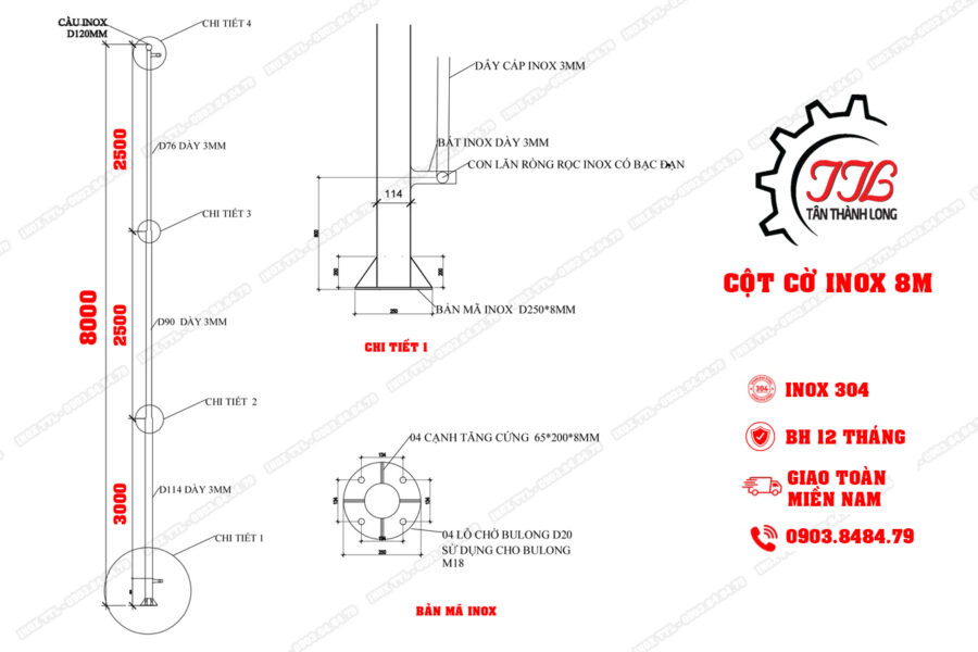 Cột cờ Inox 8M - Cột cờ Inox TTL